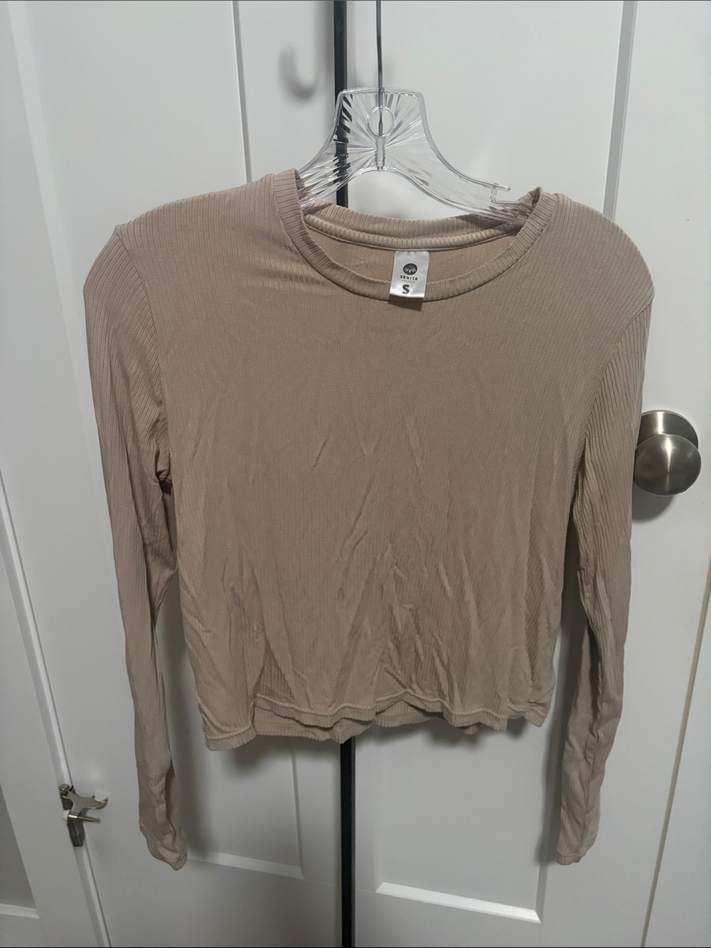 Senita Athletics Long-Sleeve Ribbed Crewneck Top - Beige Taupe
